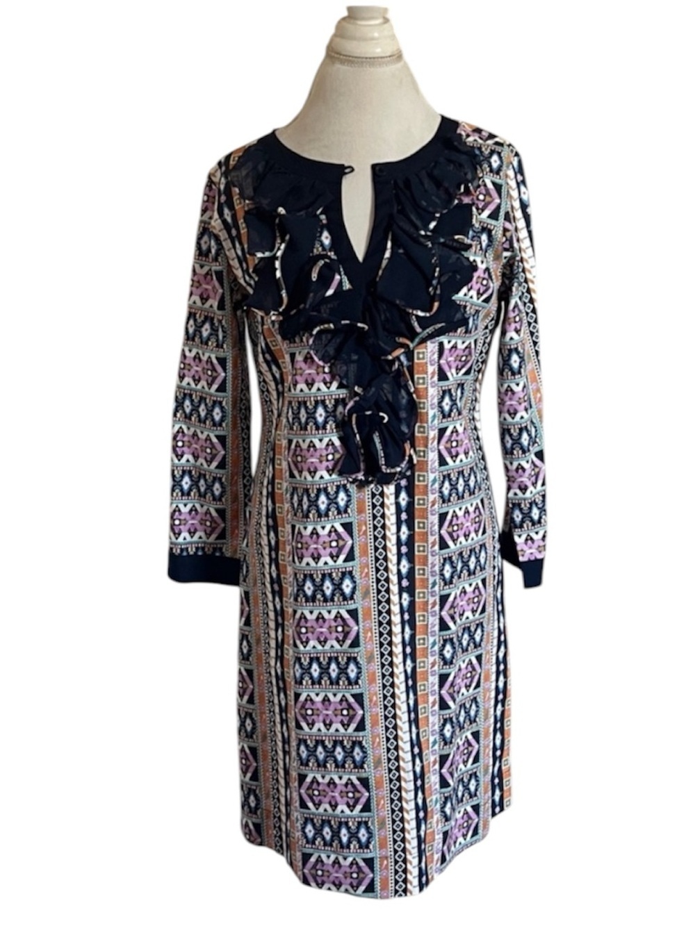 Almatrichi Madrid Euro Boho Geometric Print Ruffle Dress Caftan Size 42 (US 10)